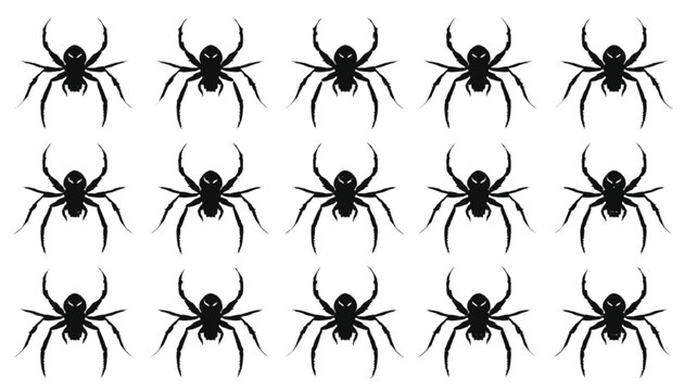 Spiders silhouettes depict a series of arachnids with eight legs and distinct bulbous bodies arranged in a repetitive grid formation on a solid white surface for scientific or thematic usage.