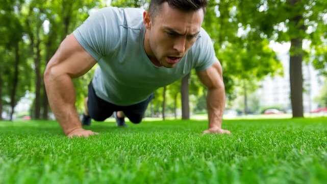 Muscular man exercising, performing push-ups, bright green grass, sunny public park, fitness routine.