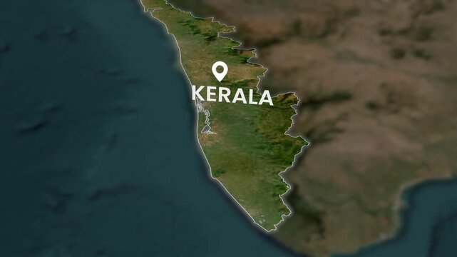 Kerala map zoom, state border animation, satellite terrain background, location pin marker, focused highlight effect, India state outline, blurred surroundings view, infographic cartography motion