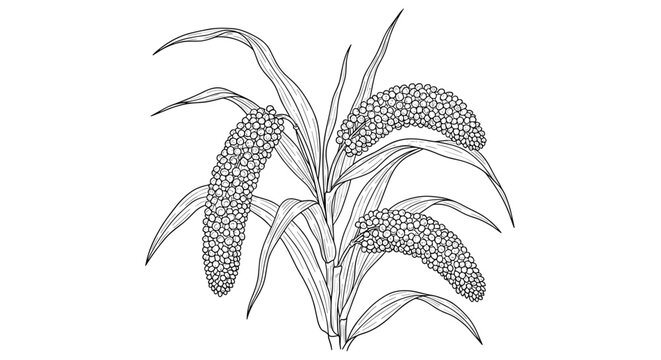 Vintage engraving of a millet or sorghum plant featuring ripe grain heads and detailed leaf structures on a white background.