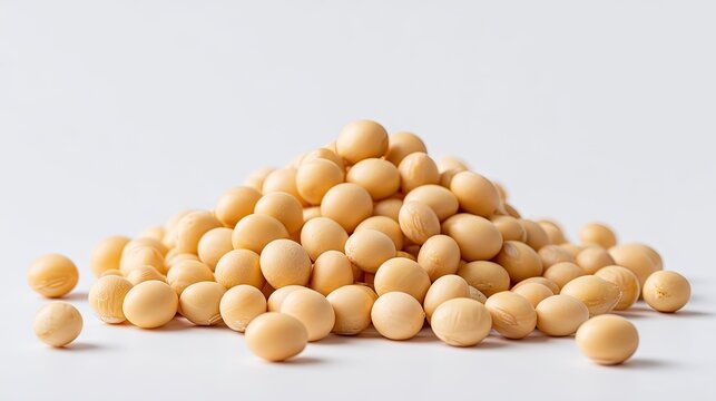 Heap of fresh dried soybeans close‑up, natural soybean ingredient on plain white background, high‑protein grain for plant‑based food and tofu production