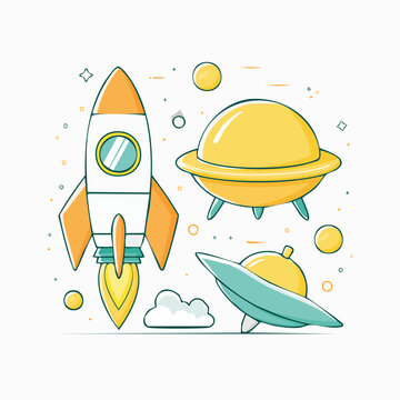 Cartoon Rocket and UFOs in Space