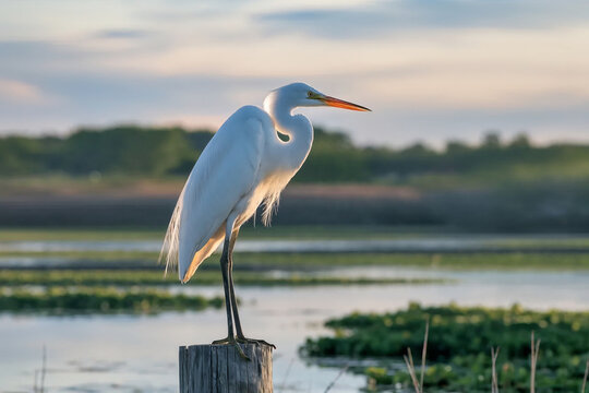 Elegant white egret perched on wooden post in peaceful wetland during golden hour, serene wildlife scene with soft natural background and reflective water.