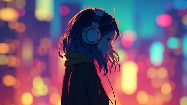Anime girl wearing headphones standing alone in room, city night lights background, lofi hip hop style, vibrant colors, soft glow, seamless loop animated wallpaper