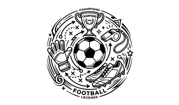Football legends circular emblem with soccer ball, trophy, and whistle line art. Sports championship celebration doodle vector design.