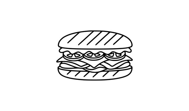 Classic submarine sandwich or long sub line art illustration. Fresh fast food baguette sandwich with layers outline drawing.
