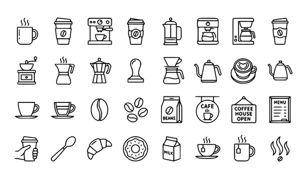 Coffee shop, breakfast bakery, and take away cafe outline icons set. Espresso machine, mugs, croissants, and coffee beans linear symbols.
