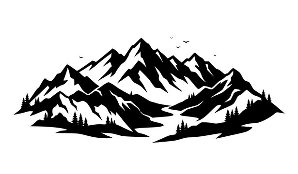 Majestic mountain range and pine forest trees silhouette. Wilderness nature landscape, outdoor trekking, and camping vector graphic.