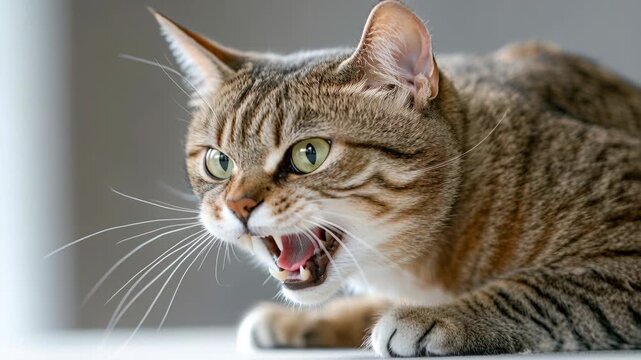 Close-up of an aggressive tabby cat hissing with teeth showing and mouth wide open in anger.