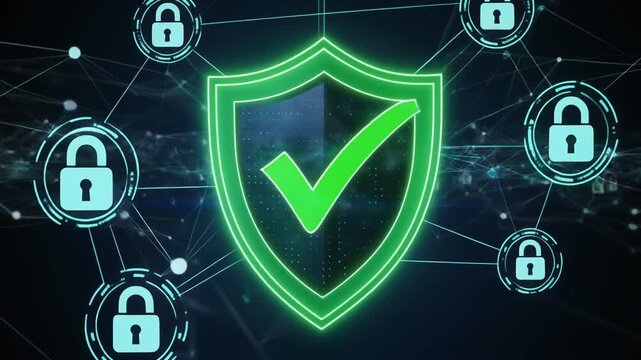Glowing Green Shield with Check Mark Symbolizing Secure Connections and Data Protection in a Dark Digital Cybersecurity Network Environment