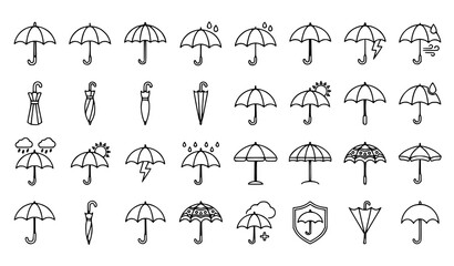 Umbrella line art and weather forecast outline icons set. Rain protection, storm shielding, and insurance coverage linear symbols. © MstNadiya