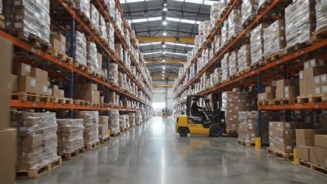 Camera glides through expansive modern warehouse as yellow forklift, operated by worker, carefully transports and stacks boxes on tall shelving units.