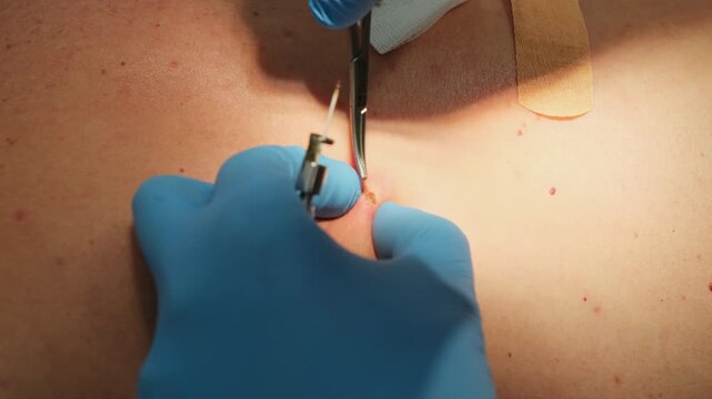 Doctor with laser cutter and forceps removes patient mole in hospital slow motion. Skilled dermatologist conducts skin surgery in clinic closeup