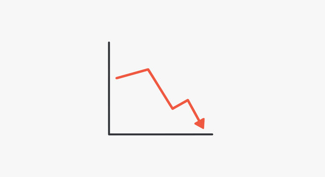Business graph showing a sharp decline with red arrow pointing down, isolated on white.
