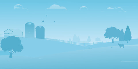 monochromatic farm landscape with silos and grazing horse © Prince