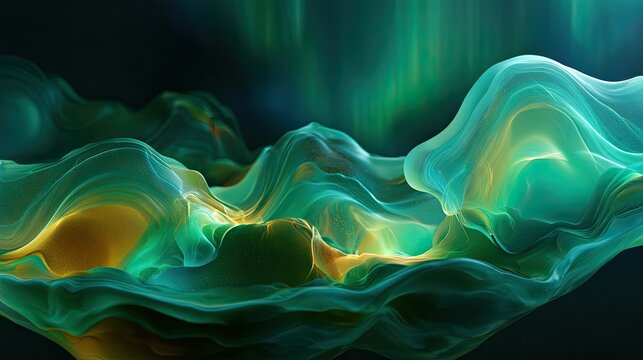 Frosted glass geodes glowing with emerald and gold liquid aurora.