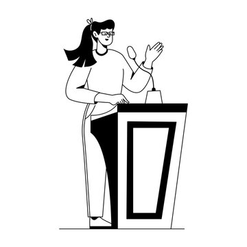 Glyph illustration of a woman giving a keynote speech.