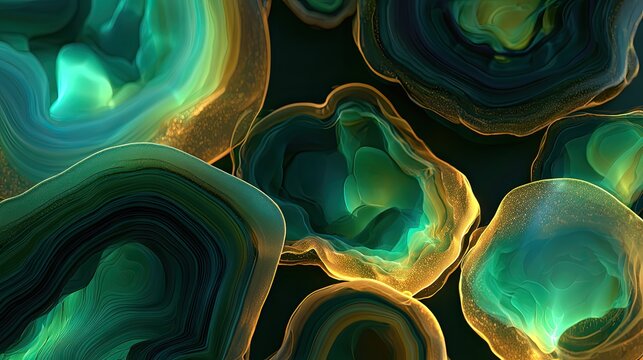 Frosted glass geodes glowing with emerald and gold liquid aurora.