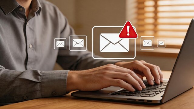 Close up of man hands typing on laptop keyboard receiving an urgent email message with a red warning alert icon, symbolizing important notification, spam detection, or critical