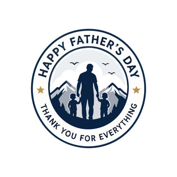 Happy Father's Day greeting card collection with script typography, crown, bow tie, hat, mustache, father-child silhouettes, mountains, and dad quotes in navy and gold.