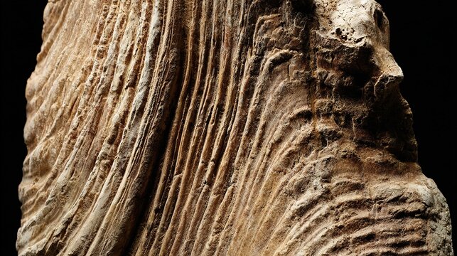 apportionment. Close-up of a mammoth molar fossil with distinct ridges and texture. STEM education sheets, lab safety posters, designed for biotech research communications, used by ui designers.