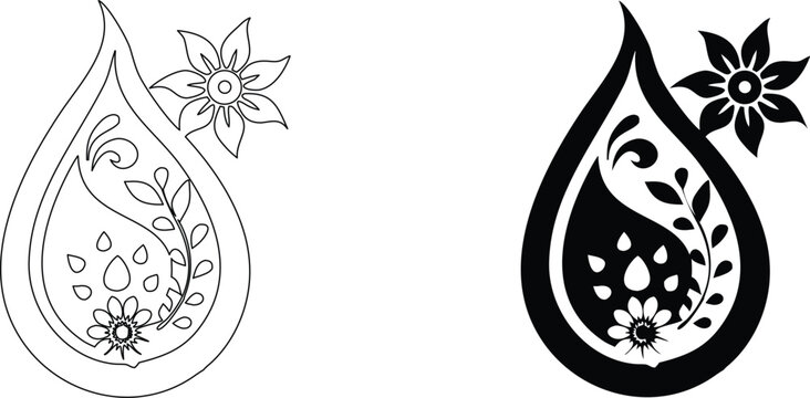 Paisley tear drop design with flower and leaf elements outline and solid shape vector.