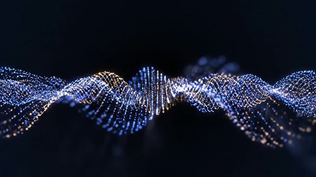Vibrant blue and gold DNA helix structure waves against dark background