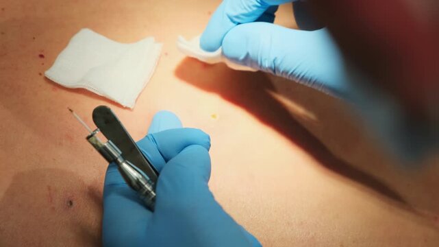 Dermatologist in gloves cleans cut mole place with antiseptic wipe in clinic slow motion. Doctor finishes skin spot treatment in patient back closeup