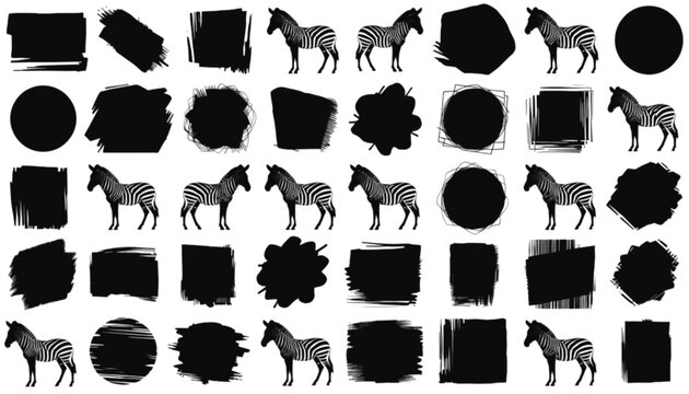 Zebras interspersed with various abstract ink brush strokes and geometric shapes form a decorative pattern that provides a versatile background for professional graphic design and creative marketing.