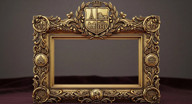 Ornate antique gold baroque picture frame with intricate scrolling foliage, heraldic crest, and iconic Parisian landmarks, detailed craftsmanship against a neutral background, studio shot.