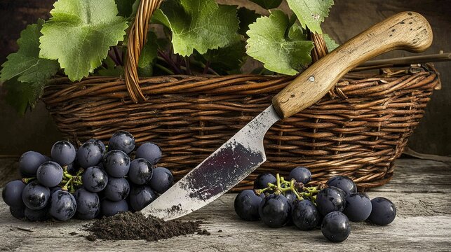 pruning. Curved pruning knife with soil traces beside a basket of black grapes. event programs, museum guides, designed for cultural heritage projects and event programs, preserves heritage.