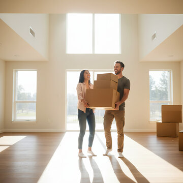 Happy couple moving into a new home carrying cardboard boxes and laughing in an empty living room