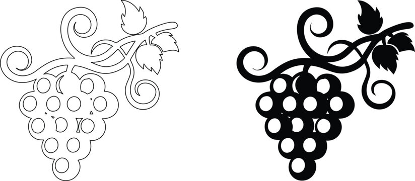 Black and white silhouette of grapes design element with vine leaves and curly tendrils.