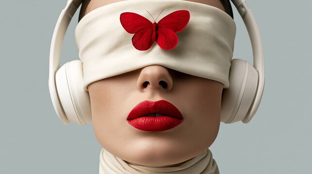 Red lips contrast with closed eyes and headphones. Butterfly rests on the blindfold, symbolizing transformation. The face suggests focus, calm, or deep immersion. Ideal for wellness, music