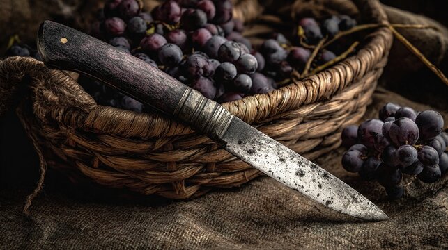 pruning. Curved pruning knife with soil traces beside a basket of black grapes. event programs, museum guides, designed for cultural heritage projects and event programs, preserves heritage.