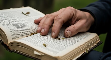 Naklejka premium A close up view of an elderly hand resting on an open book.