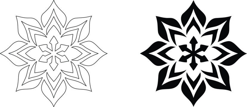 Circular floral mandala pattern with star core in simple minimalist black line graphic.
