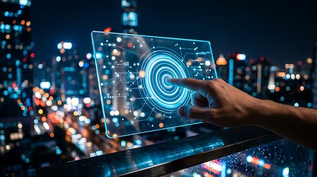 Person interacting with futuristic transparent touchscreen display at night