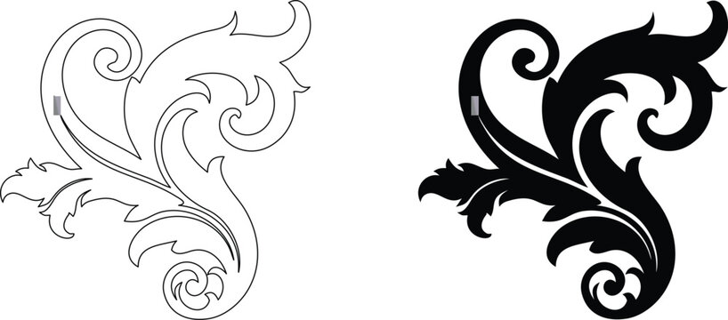 Elegant swirling acanthus leaf ornament outline and solid shape on transparent background.