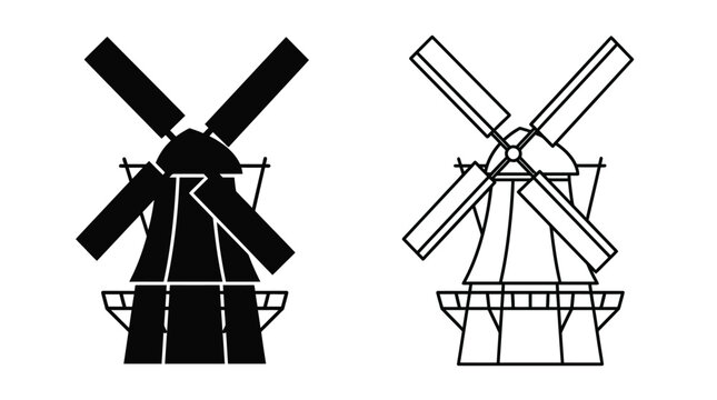 windmill silhouette and line drawing on white background