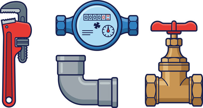 Plumbing equipment illustration, pipe wrench, water meter, pipeline elbow, shutoff valve, industrial plumbing tools vector collection design concept