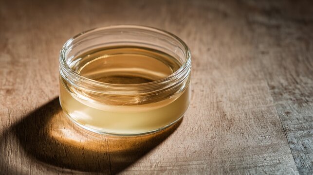 substance. A gelatinous, opaque disk floating in a clear glass jar on a wooden table. STEM education sheets, lab safety posters, designed for STEM education and laboratory safety posters.