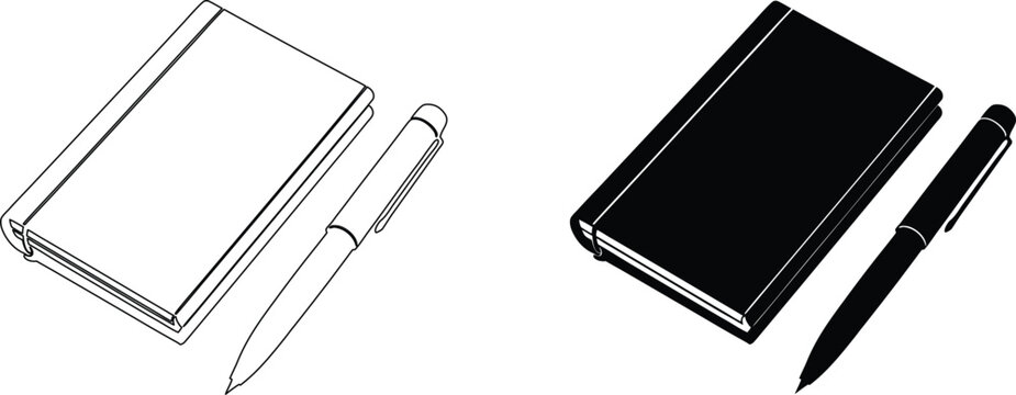Notebook and pen icon set in outline and solid black for business office or school supplies.