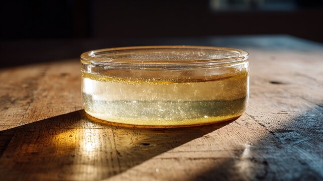substance. A gelatinous, opaque disk floating in a clear glass jar on a wooden table. STEM education sheets, lab safety posters, designed for STEM education and laboratory safety posters.