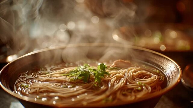 Steaming bowl of noodles in a savory broth with herbs on top