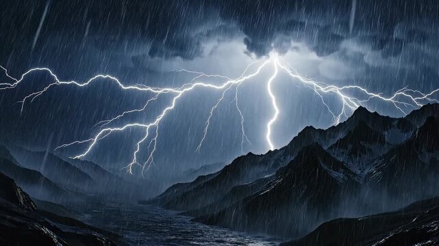 Dramatic mountain landscape illuminated by powerful lightning strikes during a storm