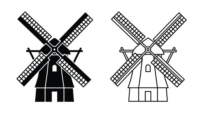 windmill silhouette and line drawing on white background