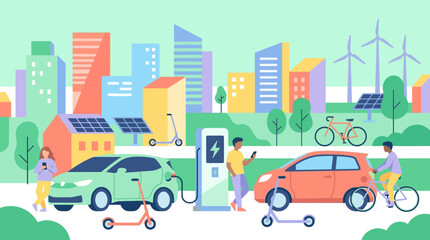 Naklejka premium Sustainable City with Electric Vehicles and Renewable Energy