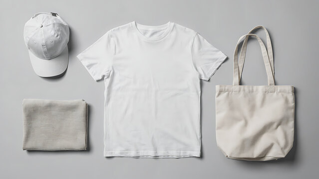 White tshirt cap and tote bag mockup display 