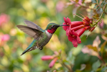 Fototapeta premium Green hummingbird hovering in midair while drinking nectar from a vibrant red flower in garden